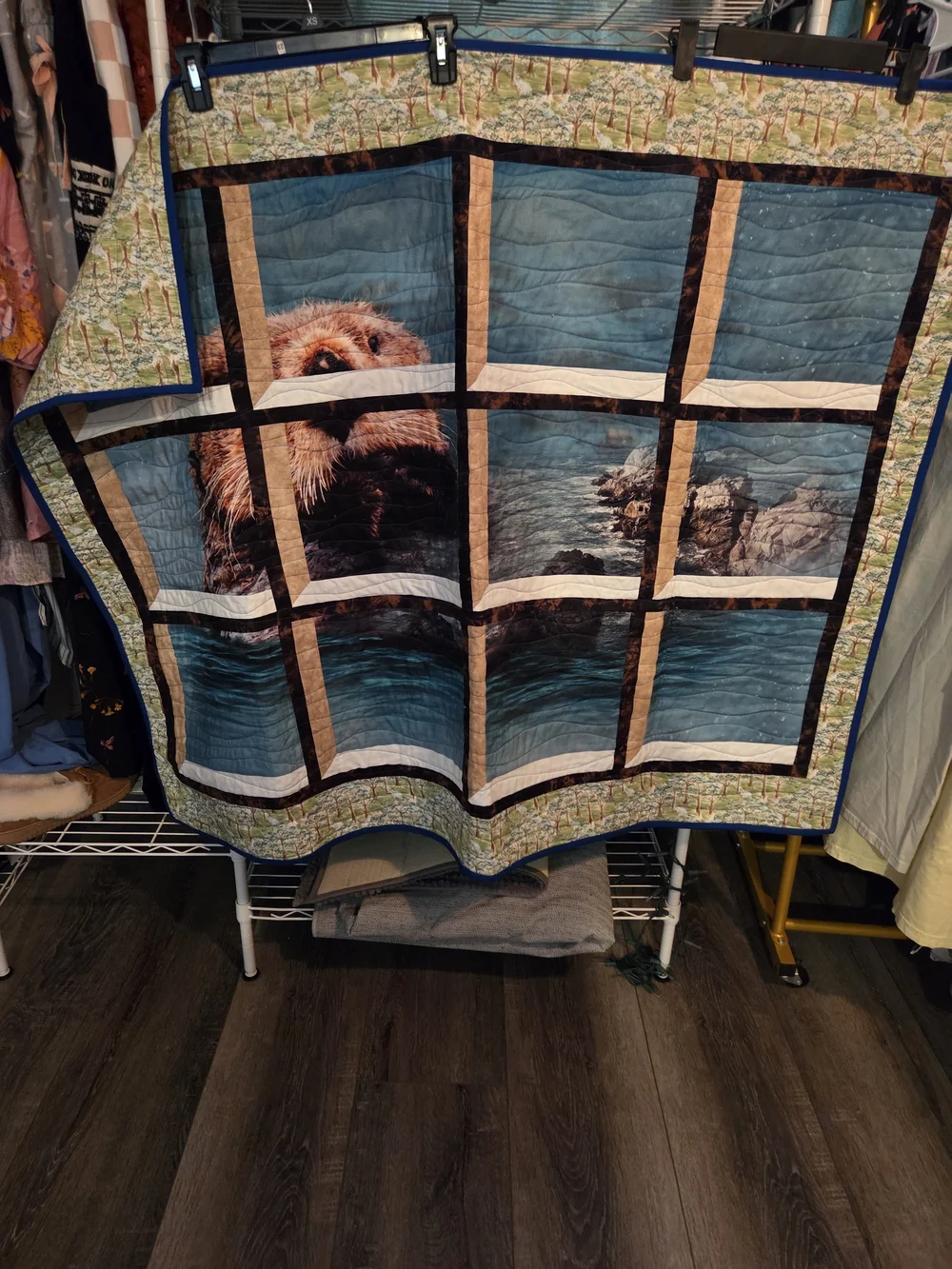 Coastal Otter Patchwork Throw Quilt in Blue and Cream